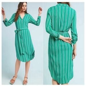 Anthropologie Maeve Martina Belted Shirtdress Size 0 Green White Stripe Collared